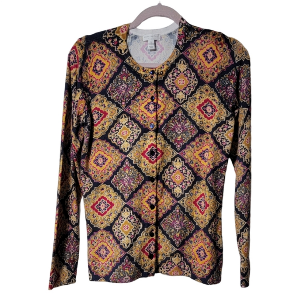 CHARTER CLUB Navy & Gold "Exotic Tile" Cardigan Size Medium Petite, Old Money